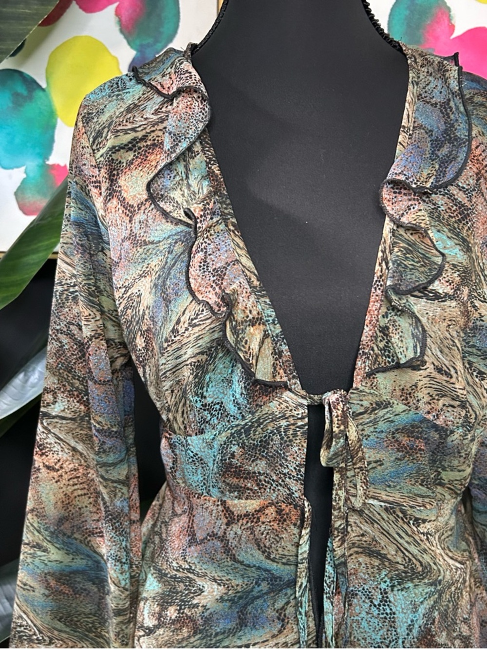 Ruffled Tie-Front Sheer Blouse in Teal & Brown - Picture 2 of 4